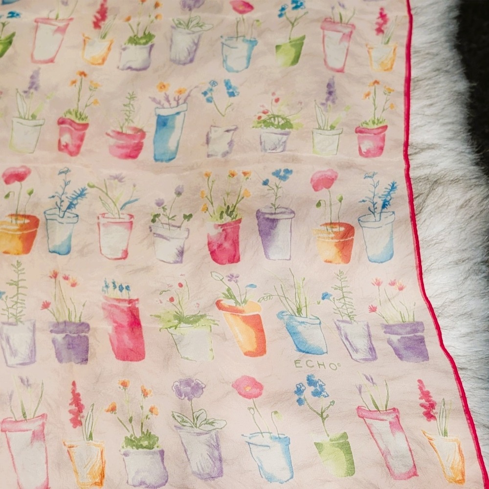 Vintage Echo Silk Head & Neck Scarf Potted Flowers Hot Pink Border - Picture 6 of 7